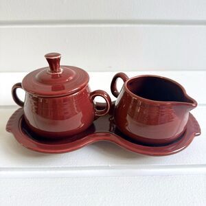 Fiesta Fiestaware Cinnabar Covered Sugar Bowl and Creamer Set On Figure 8 Tray